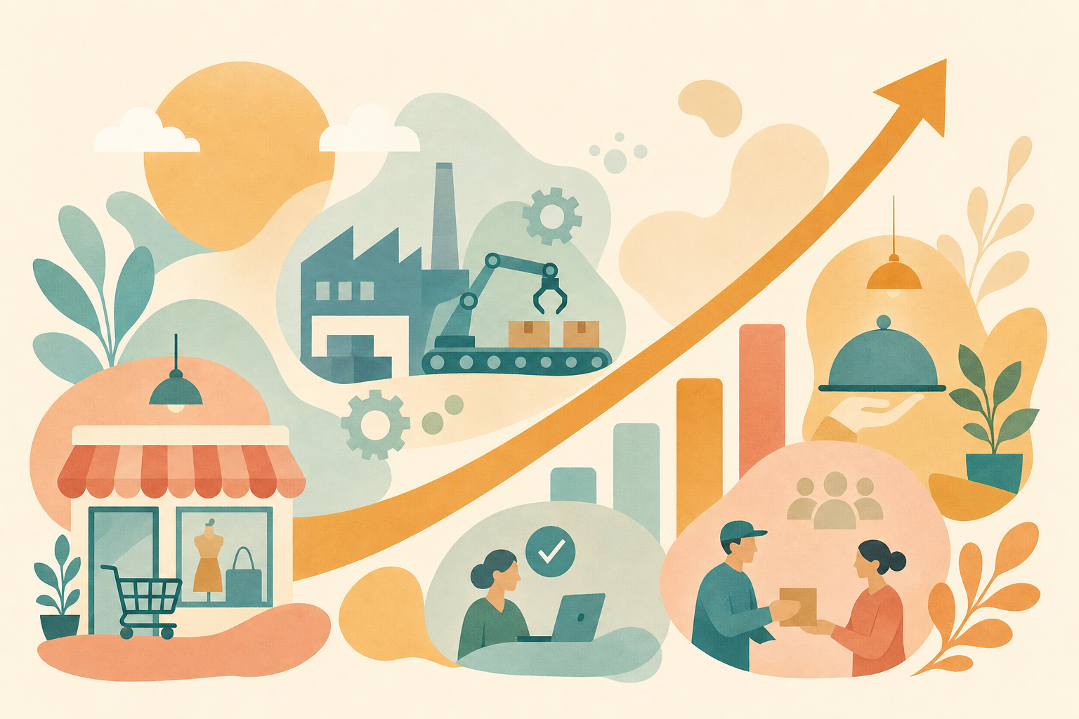 Illustration of retail, manufacturing, hospitality and service businesses growing together